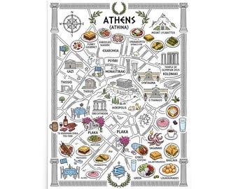 Athens Greece Food Map Poster | Whimsical City Street Map Art Print | Famous Restaurants & Local Food Illustration Gift for Food Lovers
