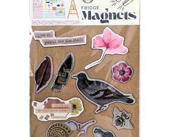 Imanes para nevera con temática de naturaleza, decoración de cocina, flores, caracoles y pájaros.