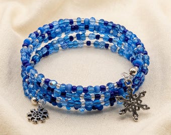 Blue Memory Wire Bracelet | Multi-Layer Cuff Bracelet | Seed Bead Wrap Bracelet | Snowflake Charm Jewelry | Christmas Beaded Bracelet