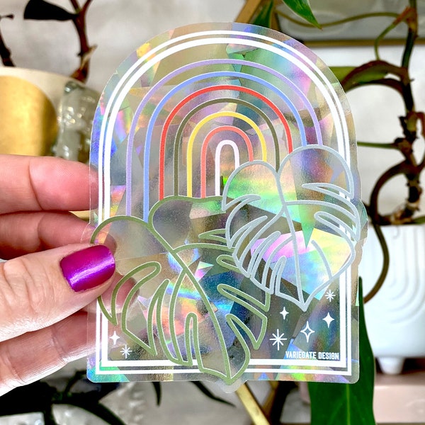 AUTOCOLLANT | Monstera arc-en-ciel | Sticker pour fenêtre attrape-soleil faisant un arc-en-ciel
