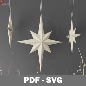 Plantilla imprimible en PDF de estrella del norte, rosa de los vientos en origami SVG, decoración de estrellas cortadas en papel, manualidad de papel 3D DIY, juego de decoración DIY, estrella hecha a mano