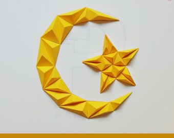 Mosaic Crescent & Star Ramadan Decoration, Origami Ramadan DIY decor, DIY Crescent Home Decor, Ramadan moon wreath papercraft, EID ornament