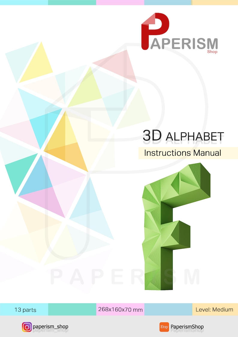 F Letter 3d, Alphabet 3D, 3D letter for party decor, Papercraft Letters, PDF Template, DIY Paper Craft 3d model, Birthday decoration letter image 4