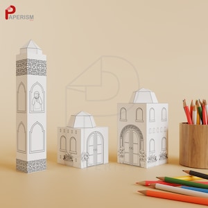 Manualidades de papel para colorear de mezquitas en 3D, manualidades de Ramadán para imprimir para niños, actividades de mezquitas para el Eid, manualidades para niños para el Hajj, hojas para colorear para el Hajj, manualidades de papel