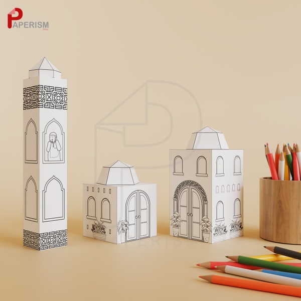 Artisanat en papier à colorier en 3D de la mosquée, artisanat du ramadan à imprimer pour les enfants, artisanat en papier de la mosquée, activité DIY de l'Aïd masjid, artisanat de la mosquée islamique pour enfants