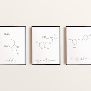 Set Of 3 Drinks Wall Art Posters. Drinks Home Decor Print, Wine, Gin&Tonic, Whiskey chemical formula Wall Art. Molecular Poster.