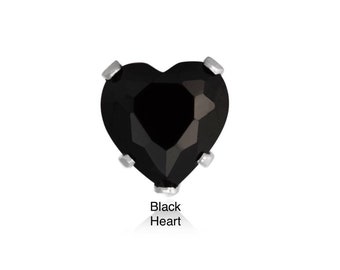 Heart Shape Lab Created Black Onyx CZ Stud Sterling Silver Earrings. 4mm/5mm/6mm/7mm/8mm