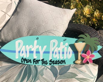 Party Patio Sign Custom Surfboard Art Personalized Hand Lettered Pool Deck Sign Wall Hanger Surf Decor Bar Pub Sign Aqua Surfboard Sign Tiki