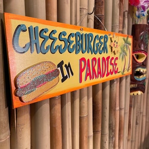 Cheeseburger In Paradise Tropical Wall Art, Personalized wooden Tiki Bar Signs, Margarita Beach Decor, Custom Parrothead Party fan Tunes.
