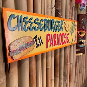 Cheeseburger In Paradise Tropical Wall Art, Personalized wooden Tiki Bar Signs, Margarita Beach Decor, Custom Parrothead Party fan Tunes.
