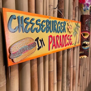 Cheeseburger In Paradise Tropical Wall Art, Personalized wooden Tiki Bar Signs, Margarita Beach Decor, Custom Parrothead Party fan Tunes.