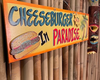 Cheeseburger In Paradise Tropical Wall Art, Personalized wooden Tiki Bar Signs, Margarita Beach Decor, Custom Parrothead Party fan Tunes.