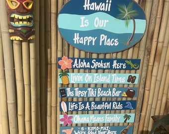 Hawaii Is Our Happy Place Custom Wooden Ex Lg Oval 7pc Set. Personalized Words For Hawaiian Theme Wedding, Tropical Door Hanger Sign, Porch.