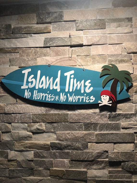 Island Time Wood Surfboard Sign, Handmade Pirate Decor, Hand
