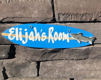 Personalized Surfboard For Kids, Custom Hand Lettered Name, Surfboard Wall Art Signs for the Pool, Surf board Shark, Coastal Surf Decor,