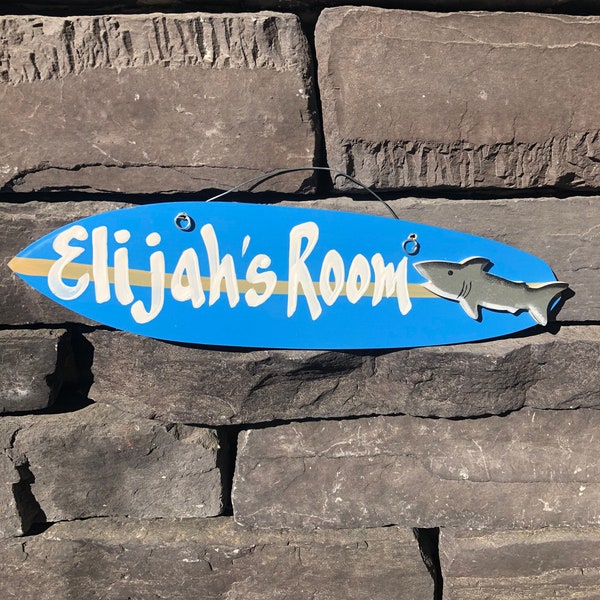 Personalized Surfboard For Kids, Custom Hand Lettered Name, Surfboard Wall Art Signs for the Pool, Surf board Shark, Coastal Surf Decor,