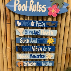 Pool Rules Custom Surfboard Poolside Decor. Backyard Wood Pool Sign, Build Your Own Deck Patio Porch Sign, Hand Painted By The Pool Gifts.