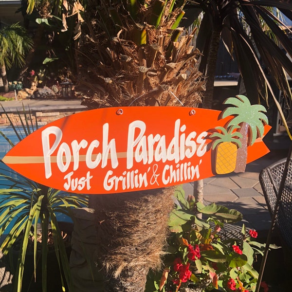 Porch Paradise Custom Surfboard Wall Hanging Handmade Wood Sign Hand Painted Hand Lettered Personalized Made To Order Outdoor Surf Decor