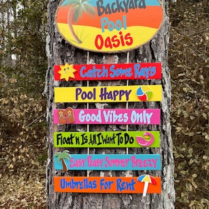 Backyard Pool Oasis, Hand Painted wood wall hanger with 6 attached signs, Free Shipping, Gift for Outdoor Tropical Patio Deck & Tiki Bars