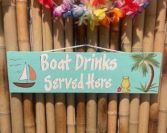 Boat Drinks Served Here Rectangle Wall Decor Wood Sign,24” Tropical Parrothead Sign for the Tiki Bar, Hand Crafted Gift for Outdoor Patio