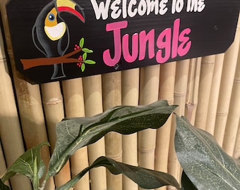 Welcome To The Jungle Custom Ceder Wooden Sign, Handmade & Painted, Personalized Outdoor Tropical Decor Wall Hanging Sign, For Tucan Lovers