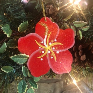 Hand Painted Red Hibiscus Wood Christmas Ornament, Hawaiian Holiday Decor