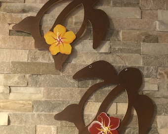 Wooden Sea Turtle Wall Decor with Hibiscus Flower, Tropical Beach House Art