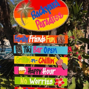 Backyard Paradise Hand Painted Wood Wall Hanger sign Personalized Tiki Bar Sign Outdoor Tropical Decor Deck Patio Handmade Sign Custom Signs