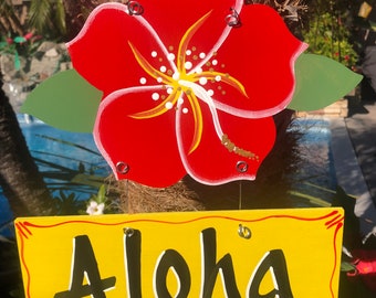 Hawaiian Hibiscus Wooden Signs, Tropical Beach Plaque, Outdoor Decor, Hand Painted Signs, Wall Plaque, Backyard Decor,Personalizing,flower