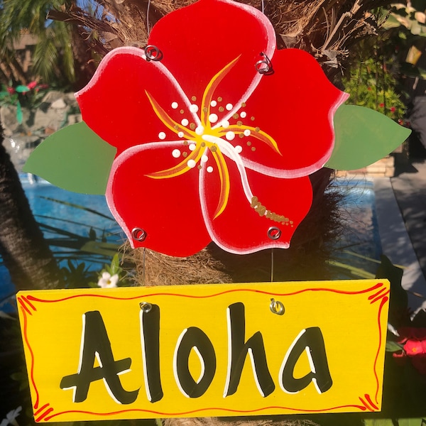 Hawaiian Hibiscus Wooden Signs, Tropical Beach Plaque, Outdoor Decor, Hand Painted Signs, Wall Plaque, Backyard Decor,Personalizing,flower