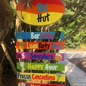 Tiki Hut Wood Sign Handmade Wall Art Happy Hour Bar Sign Tiki Bar Sign Pool Outdoor Sign Backyard Bar Decor Hand Painted Signs Hawaii Signs