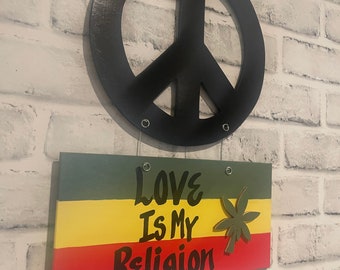 Love is My Religion Wooden Peace Decor, Black Rasta- inspired 2 pc. Eco-Friendly Hippie Wall Art, Perfect Mindfulness Gift