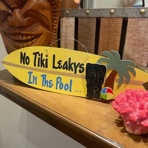 Handmade surfboard wall hanging sign, bright yellow tiki bar decor, perfect for your poolside, fun gift for beach lovers