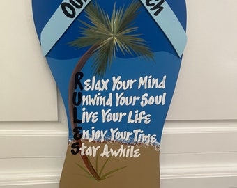 Flip Flop Porch Sign- 2ft Ocean-Themed Wooden Wall Decor with Hand Painted PalmTree for Front Porch- Door Decor Gift-  All Hand Lettering.