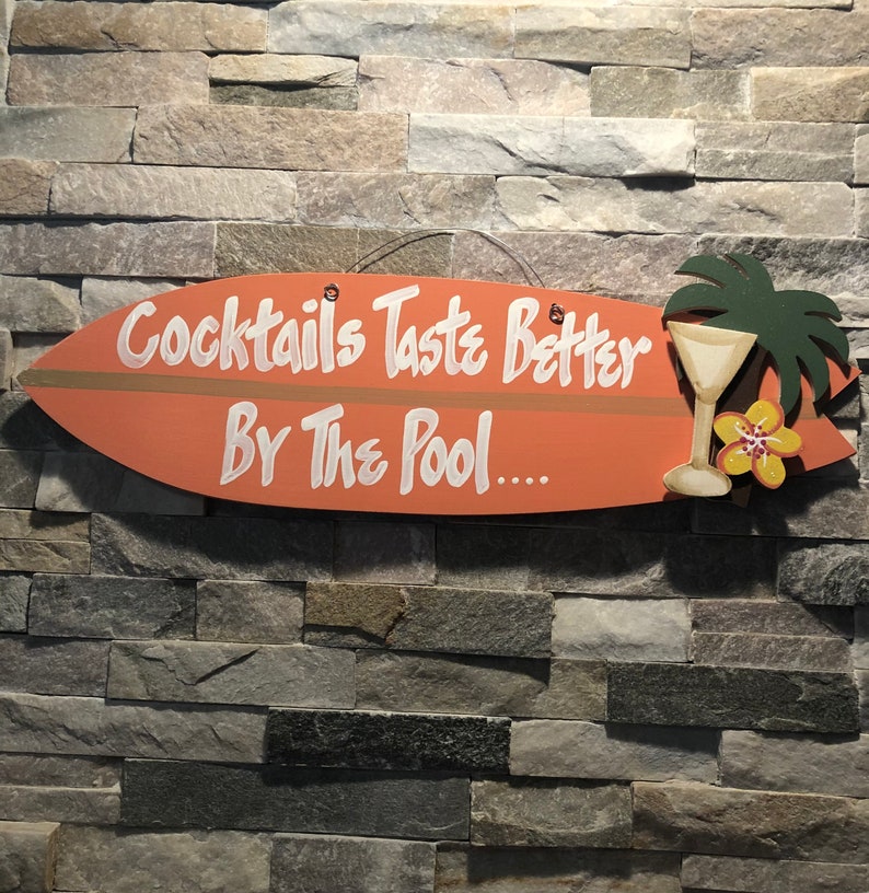 Surfboard Wall Art,Hand Painted Sign,Backyard Pool Sign,Cocktails Taste Better,By The Pool,Surfboard Home Decor,Pool Beach Bar Sign, afbeelding 5