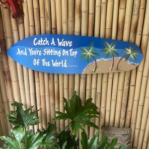 Wood Surfboard Wall Art - Handmade Surf Sign for Beach House Decor - Unique Coastal gift for Ocean Lovers