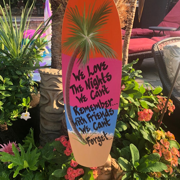 Surfboard Sign-Surfboard Wall Art-Hawaii Surf Decor-Sunset Signs-Patio Pool Sign-Beach Sign-Outdoor Sign-Freehand-Personalized Gift-Tiki Bar