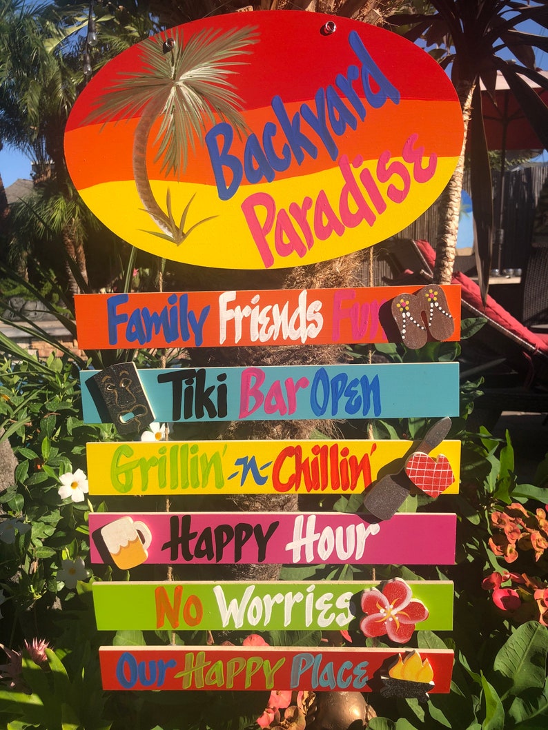 Backyard Paradise Hand Painted Wood Wall Hanger Sign Etsy