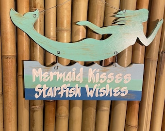 Custom Mermaid Wood Decor, 'Kisses Starfish' Wishes Personalized Girls Door Sign, Handmade 2pc Sign for Mermaid Lovers and Beach House Decor