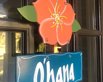 Wooden Coral Hibiscus Ohana Sign, Hawaii Family Name Art