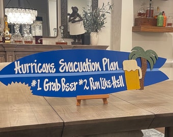 Hurricane Evacuation Plan 40” Wood Surfboard Wall Art Sign, Handmade Personalized & Customized, Great Gift For Him, Shop Tsunami Surf Signs