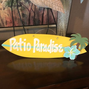 Patio Paradise Custom Painted Wood Surfboard Sign|Personalized Wall Art|Tiki Bar Wall Hanger|Tropical Patio Decor|Surf Decoration