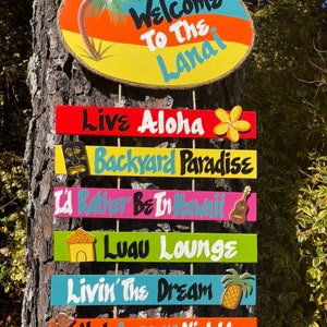 Welcome to the  Lanai  Hand Painted Wood Wall Hanger  Personalized Tiki Bar Sign Outdoor Tropical Decor Deck Patio Handmade Sign Custom Sign