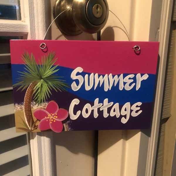 Summer Cottage Coastal Door Hanger, Palm Tree Wood Sign, Beach Cottage Sign, Summertime Signs, Porch Wall Art, Patio Hanging Decor, Tropical