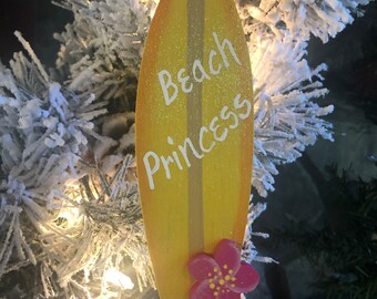 Beach Princess Yellow Wood Surfboard Christmas Ornament, Personalized Name Customized Gift Tags for Hawaiian Surf  Tropical Ocean Lovers