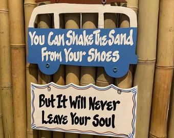 You Can Shake The Sand From Your Shoes Surfer Van Wood Wall Hanging Sign, Blue Hand Painted VW Beach Bus, Custom Boho Wall Decor, Hippie Art