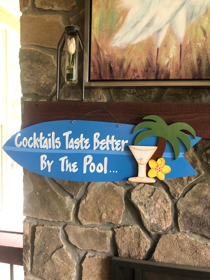 Surfboard Wall Art,Hand Painted Sign,Backyard Pool Sign,Cocktails Taste Better,By The Pool,Surfboard Home Decor,Pool Beach Bar Sign, afbeelding 2