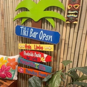 Tiki Bar Open Wooden Palmtree Sign, Tropical Yard Post, Summer Aloha Welcome Decor for Backyard, Custom Luau Outdoor Sign, Handmade Gifts.