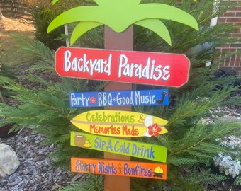 Backyard Paradise Wooden Palmtree Sign, Tropical Yard Post, Summer Aloha Welcome Decor for Backyard, Custom Luau Outdoor Sign, Handmade Gift