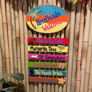 Parrotheads Welcome Hand Painted Oval Wall Hanging Sign, Key West Island Theme Decor, Tiki Bar Outdoor Deck Personalize It Customize It Gift